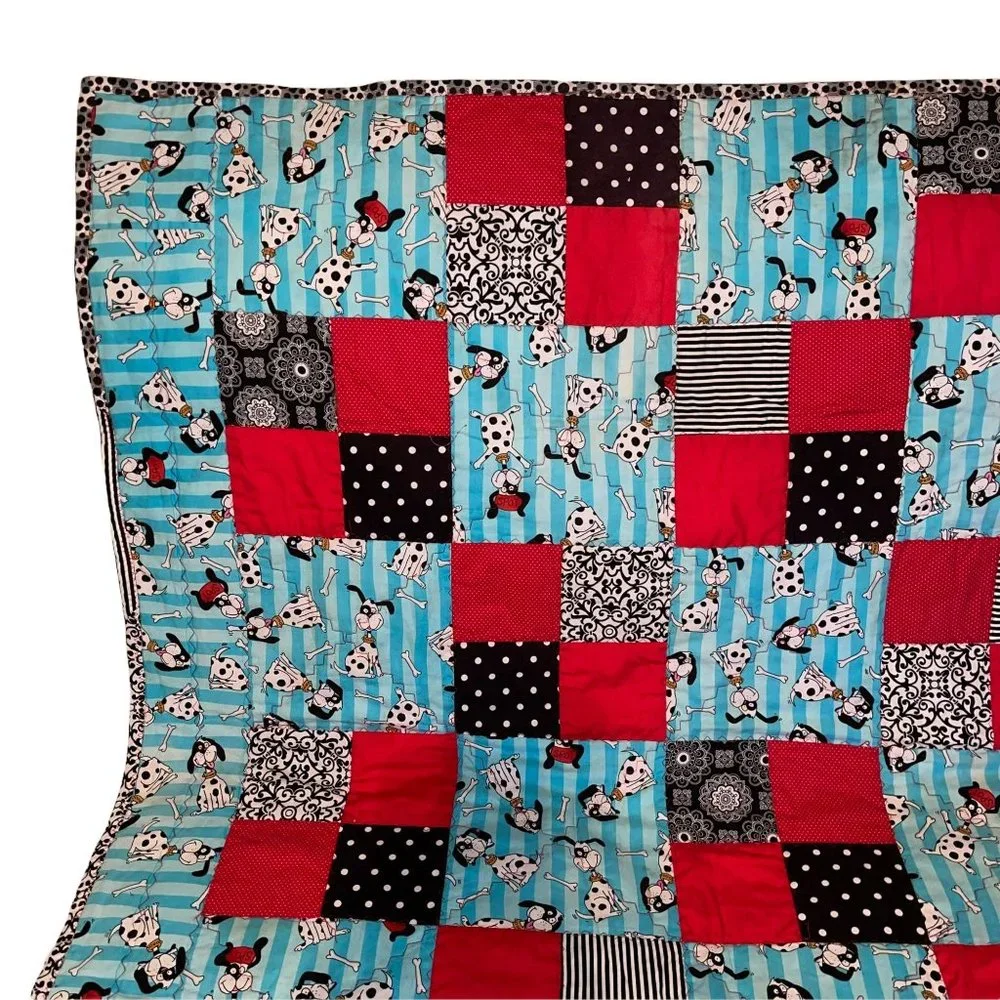 Handmade Hand Crafted Dalmatian Dog Lover Patchwork Granny Square Quilt 45 X 39